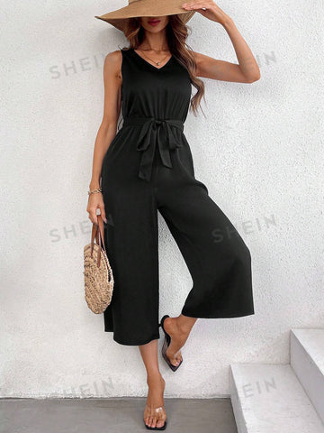 Solid Color Sleeveless Casual Jumpsuit