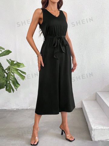 Solid Color Sleeveless Casual Jumpsuit