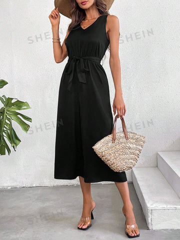 Solid Color Sleeveless Casual Jumpsuit