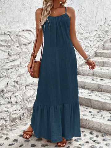 Solid Color Sleeveless Spaghetti Strap Dress With Ruffled Hem