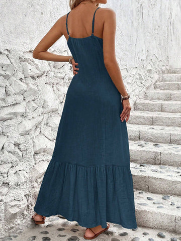 Solid Color Sleeveless Spaghetti Strap Dress With Ruffled Hem