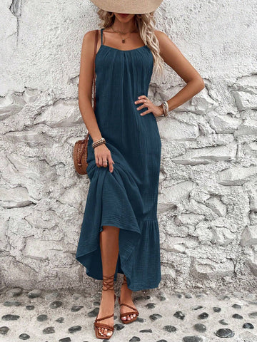 Solid Color Sleeveless Spaghetti Strap Dress With Ruffled Hem