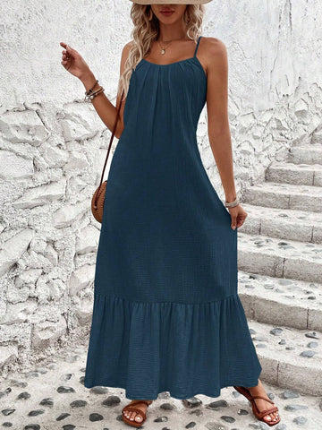 Solid Color Sleeveless Spaghetti Strap Dress With Ruffled Hem