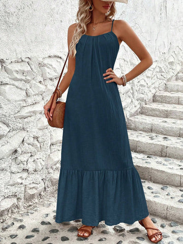Solid Color Sleeveless Spaghetti Strap Dress With Ruffled Hem