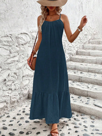 Solid Color Sleeveless Spaghetti Strap Dress With Ruffled Hem
