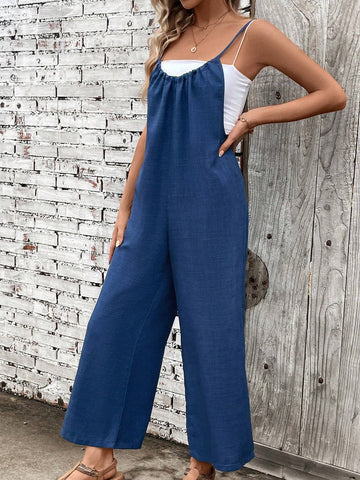 Solid Color Spaghetti Strap Jumpsuit With Slanted Pockets For Vacations And Leisure