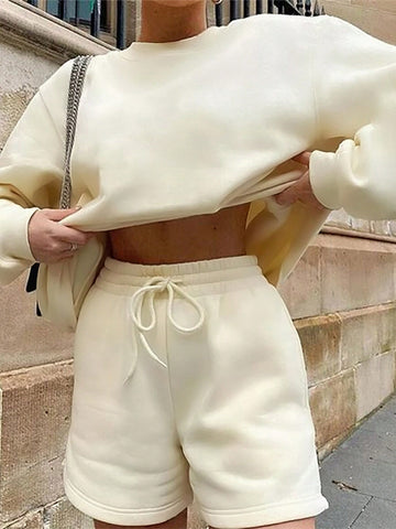 Solid Color Sweatshirt And Shorts Casual Basic 2pcs/Set
