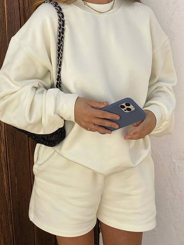 Solid Color Sweatshirt And Shorts Casual Basic 2pcs/Set