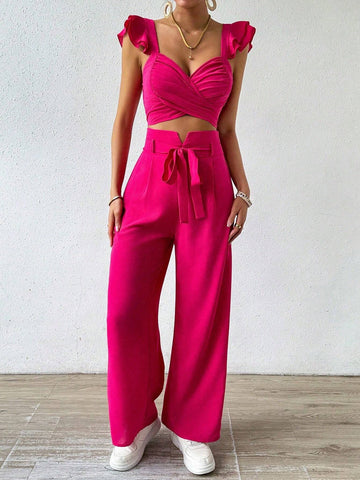 Solid Color Sweetheart Neckline Top With Ruffle Trim And Wide Leg Pants
