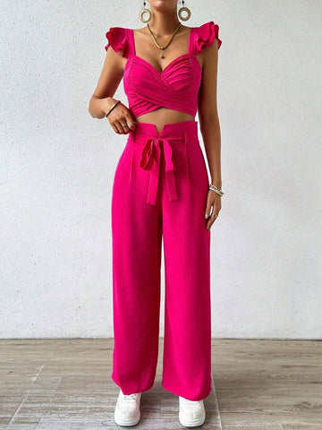 Solid Color Sweetheart Neckline Top With Ruffle Trim And Wide Leg Pants