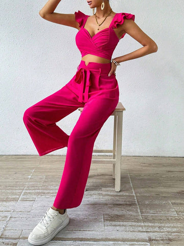 Solid Color Sweetheart Neckline Top With Ruffle Trim And Wide Leg Pants