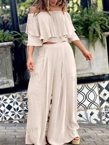 Solid Color Texture Off Shoulder Top And Loose Wide Leg Pants Two Piece Set