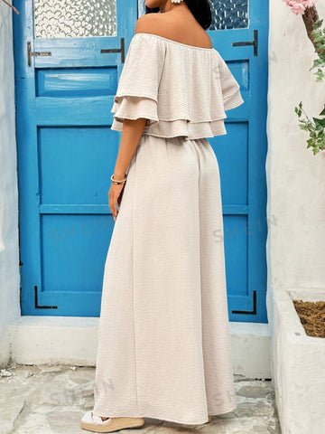 Solid Color Texture Off Shoulder Top And Loose Wide Leg Pants Two Piece Set