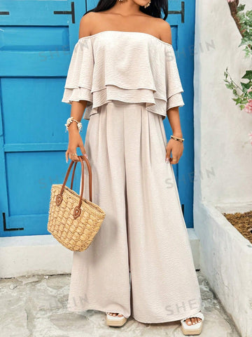 Solid Color Texture Off Shoulder Top And Loose Wide Leg Pants Two Piece Set