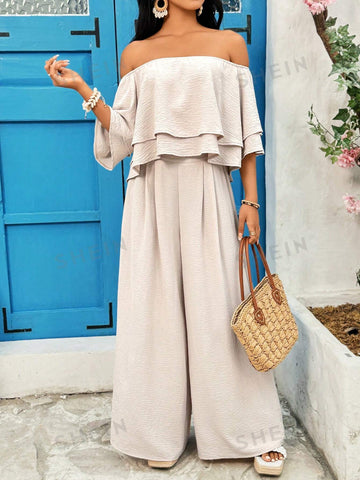 Solid Color Texture Off Shoulder Top And Loose Wide Leg Pants Two Piece Set