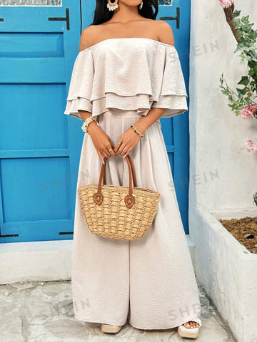 Solid Color Texture Off Shoulder Top And Loose Wide Leg Pants Two Piece Set