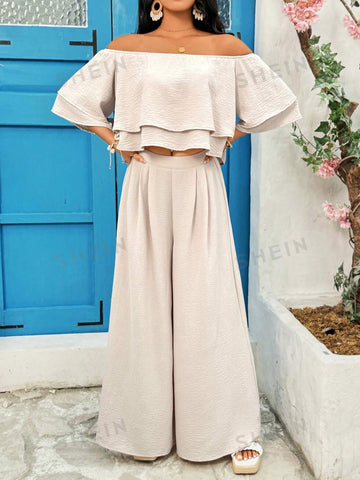 Solid Color Texture Off Shoulder Top And Loose Wide Leg Pants Two Piece Set