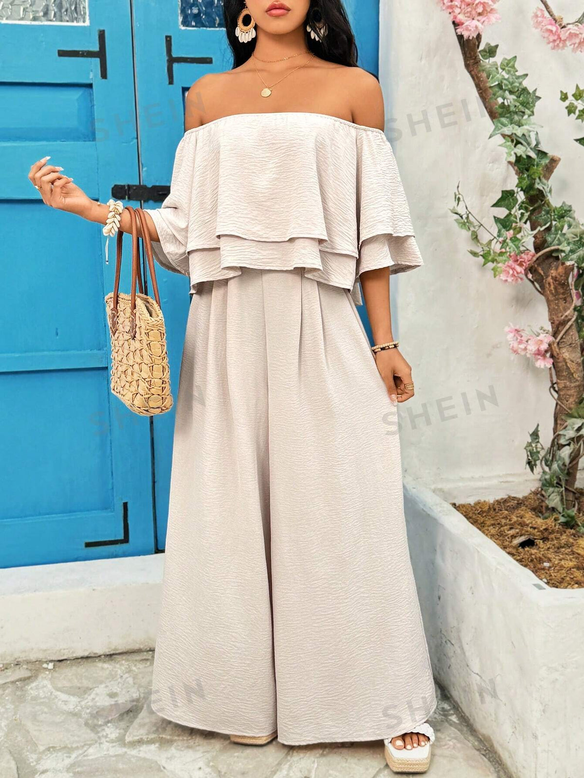 Solid Color Texture Off Shoulder Top And Loose Wide Leg Pants Two Piece Set