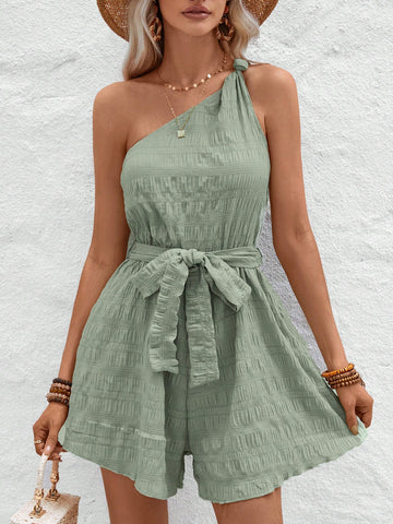Solid Color Texture One Shoulder Waist Cinching Romper
