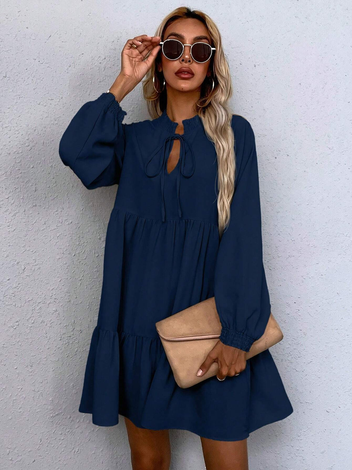 Solid Color Tie Neck Ruffled Hem Casual Loose Long Sleeve Dress For Home/Daily Wear