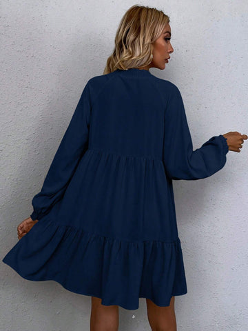 Solid Color Tie Neck Ruffled Hem Casual Loose Long Sleeve Dress For Home/Daily Wear