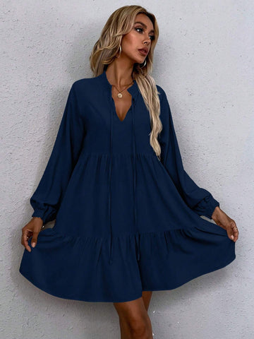Solid Color Tie Neck Ruffled Hem Casual Loose Long Sleeve Dress For Home/Daily Wear