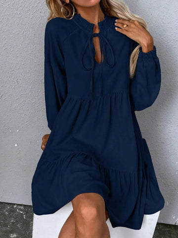 Solid Color Tie Neck Ruffled Hem Casual Loose Long Sleeve Dress For Home/Daily Wear
