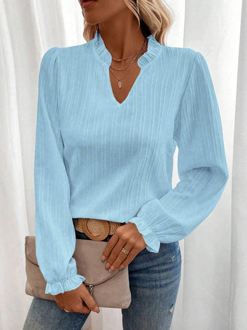 LUNE Women Solid Color Shirt Collar Front Button Long Sleeve Minimalist Blouse, Casual For Daily Wear