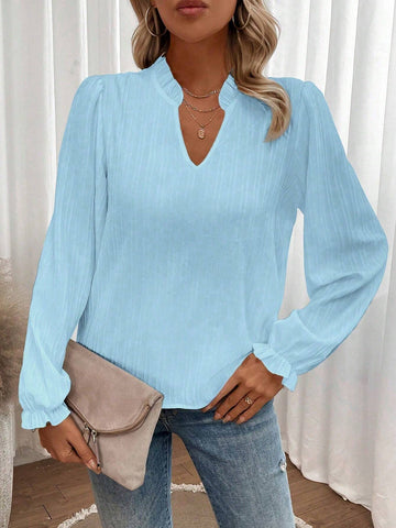 LUNE Women Solid Color Shirt Collar Front Button Long Sleeve Minimalist Blouse, Casual For Daily Wear