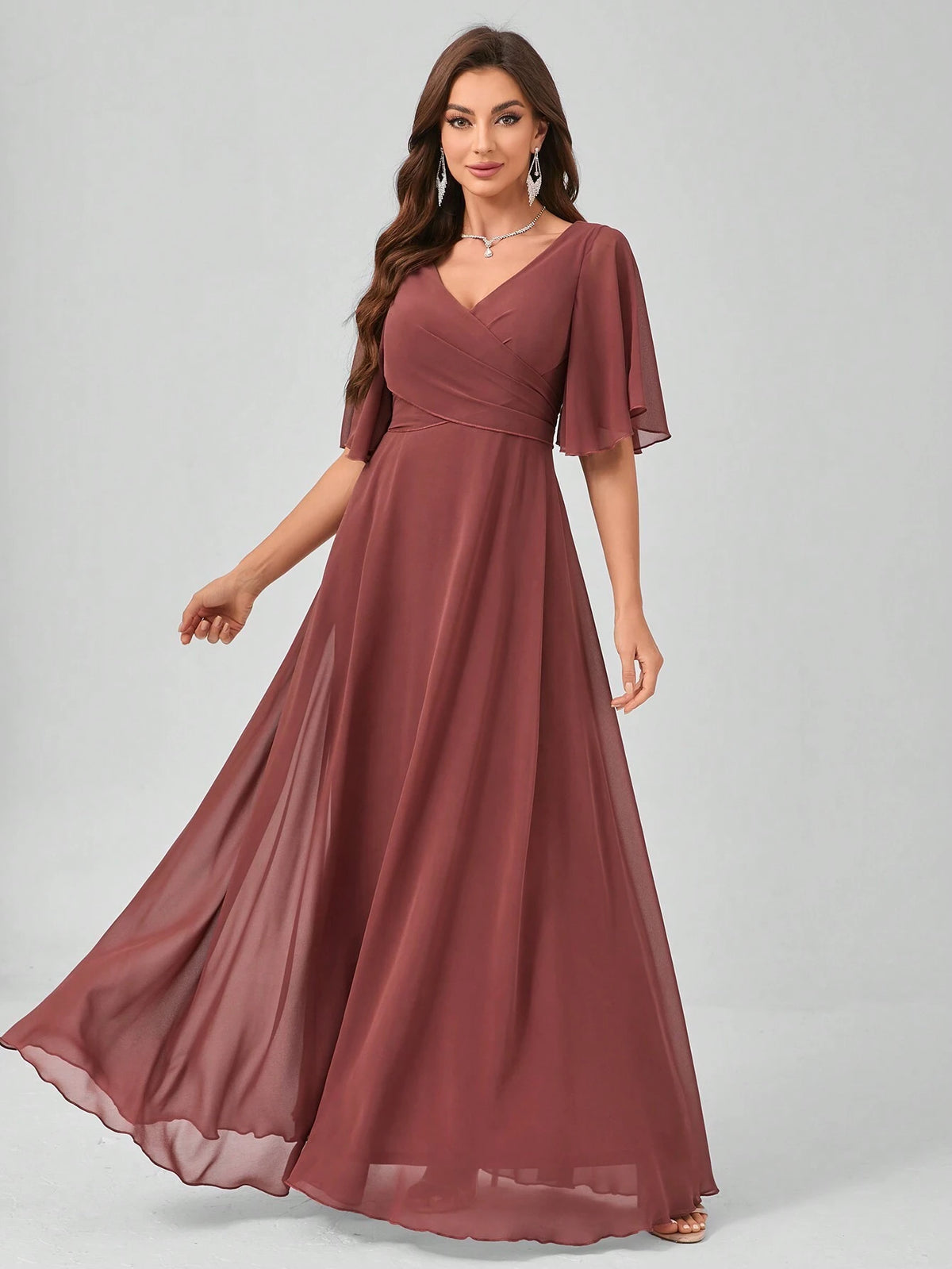 Solid Color V-Neck Flouncing Short-Sleeved Chiffon Bridesmaid Dress