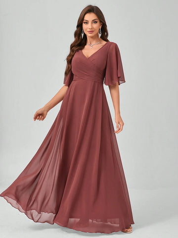 Solid Color V-Neck Flouncing Short-Sleeved Chiffon Bridesmaid Dress