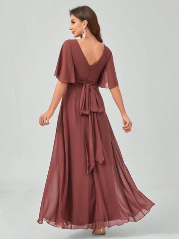 Solid Color V-Neck Flouncing Short-Sleeved Chiffon Bridesmaid Dress