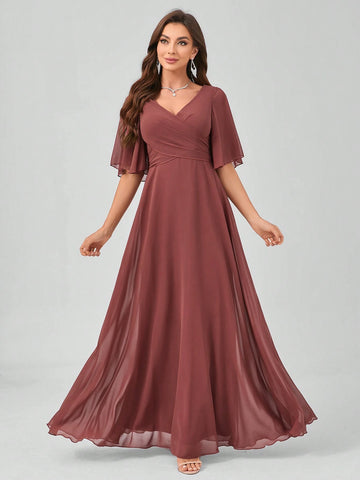 Solid Color V-Neck Flouncing Short-Sleeved Chiffon Bridesmaid Dress