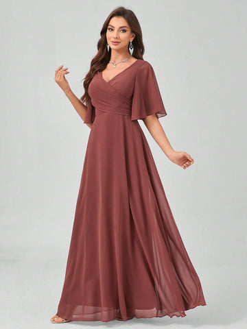 Solid Color V-Neck Flouncing Short-Sleeved Chiffon Bridesmaid Dress
