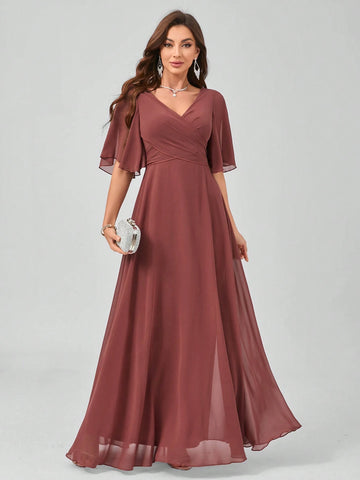 Solid Color V-Neck Flouncing Short-Sleeved Chiffon Bridesmaid Dress