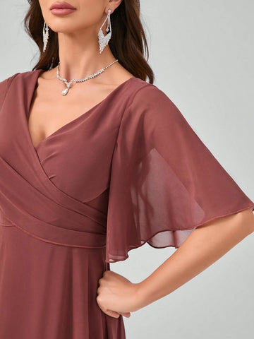 Solid Color V-Neck Flouncing Short-Sleeved Chiffon Bridesmaid Dress