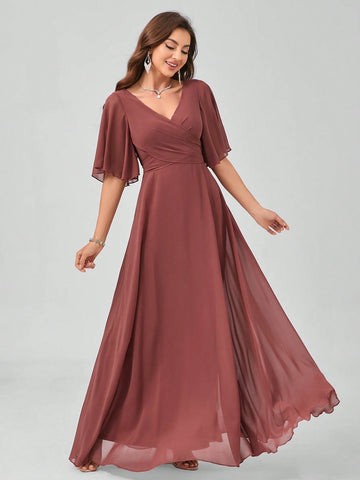 Solid Color V-Neck Flouncing Short-Sleeved Chiffon Bridesmaid Dress