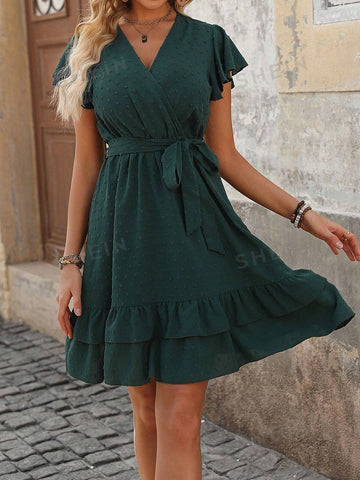 Solid Color V-Neck Ruffle Hem Maxi Dress