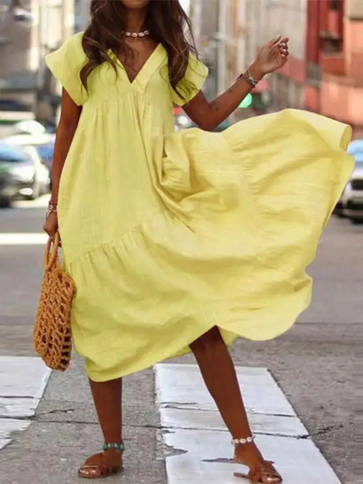 Solid Color V-Neck Ruffle Hem Summer Short Sleeve Dress