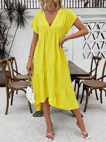 Solid Color V-Neck Ruffle Hem Summer Short Sleeve Dress
