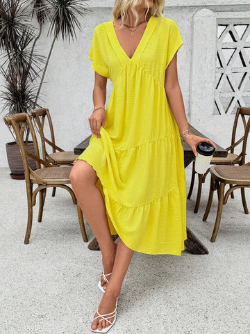 Solid Color V-Neck Ruffle Hem Summer Short Sleeve Dress