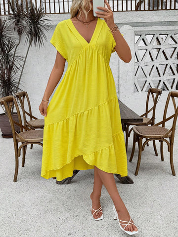 Solid Color V-Neck Ruffle Hem Summer Short Sleeve Dress