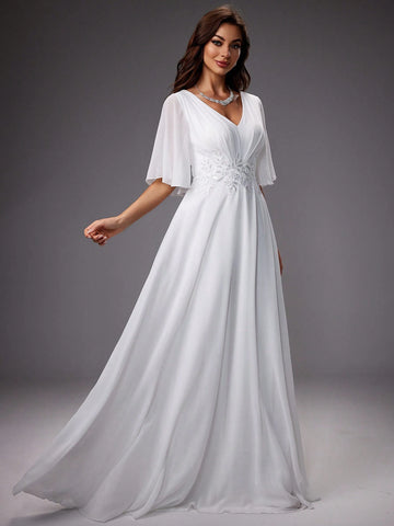 Solid Color V-Neck With Ruffled Sleeves And Waist Embroidery Wedding Party Dress