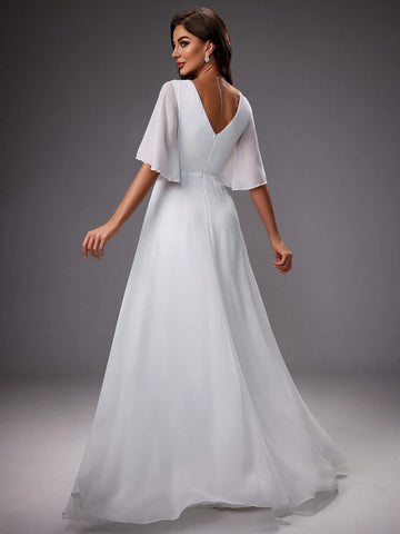 Solid Color V-Neck With Ruffled Sleeves And Waist Embroidery Wedding Party Dress