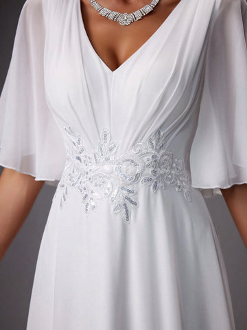 Solid Color V-Neck With Ruffled Sleeves And Waist Embroidery Wedding Party Dress