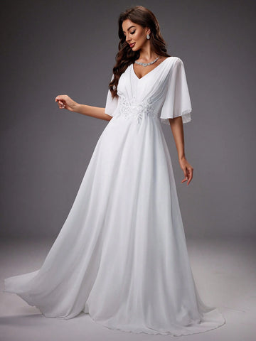 Solid Color V-Neck With Ruffled Sleeves And Waist Embroidery Wedding Party Dress
