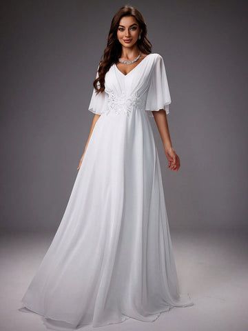Solid Color V-Neck With Ruffled Sleeves And Waist Embroidery Wedding Party Dress