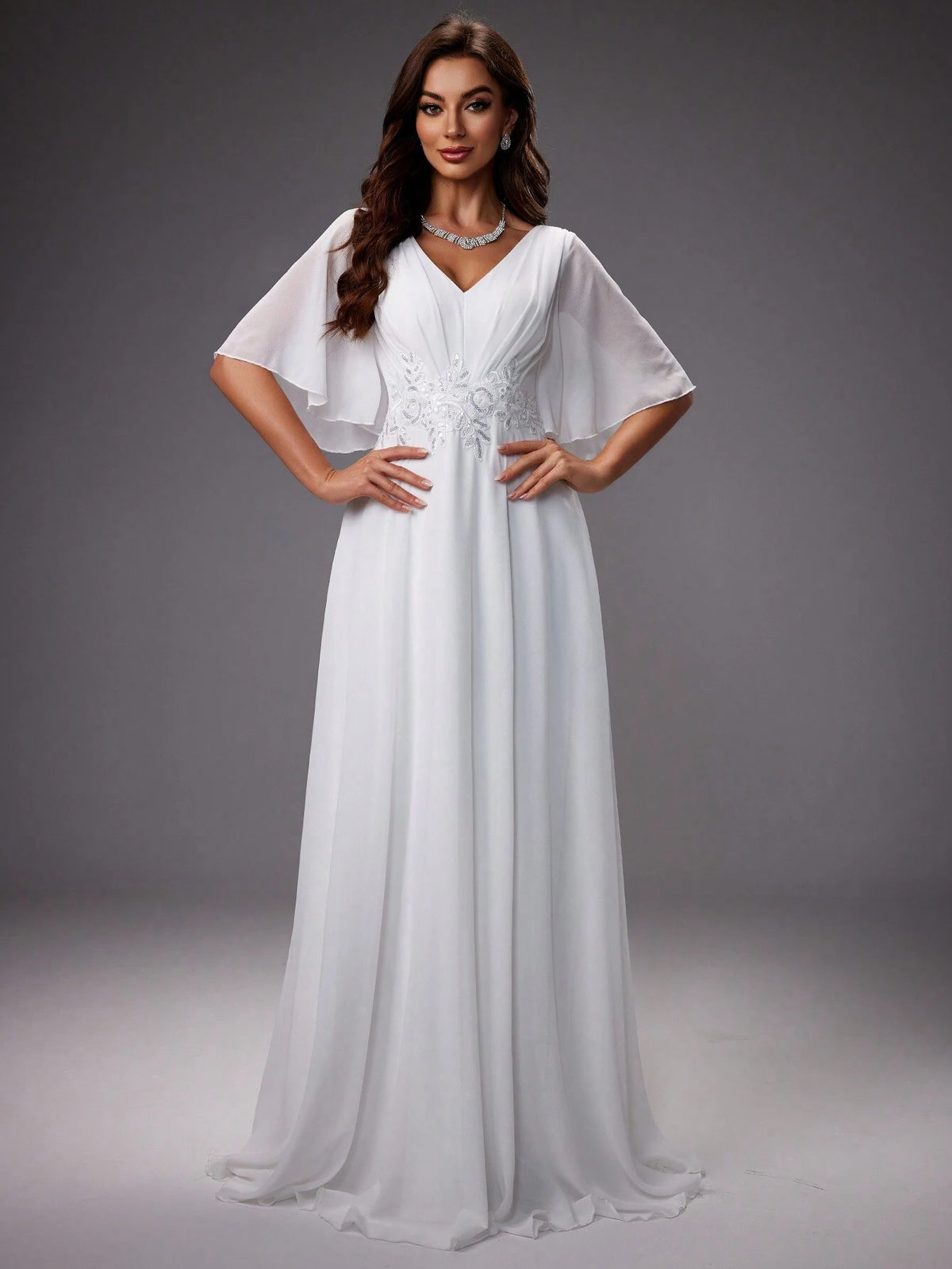 Solid Color V-Neck With Ruffled Sleeves And Waist Embroidery Wedding Party Dress