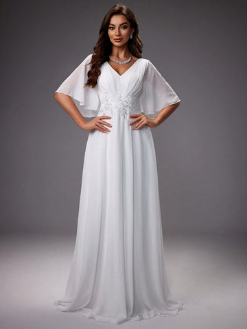 Solid Color V-Neck With Ruffled Sleeves And Waist Embroidery Wedding Party Dress