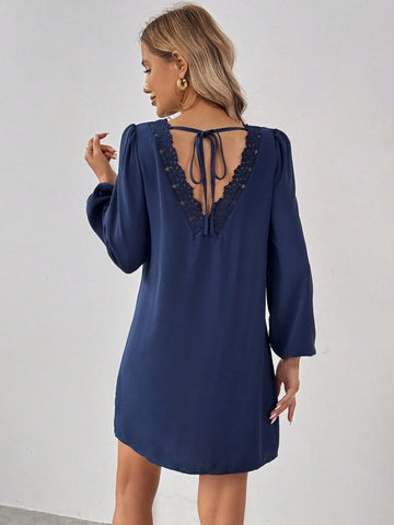 Solid Color Women's Backless Lace Hollow Out Strap Dress